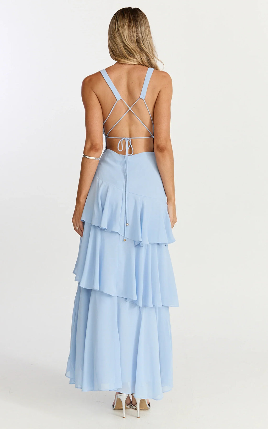 Beryl Midi Dress - Deep V Neck Sleeveless Layered Dress in Blue