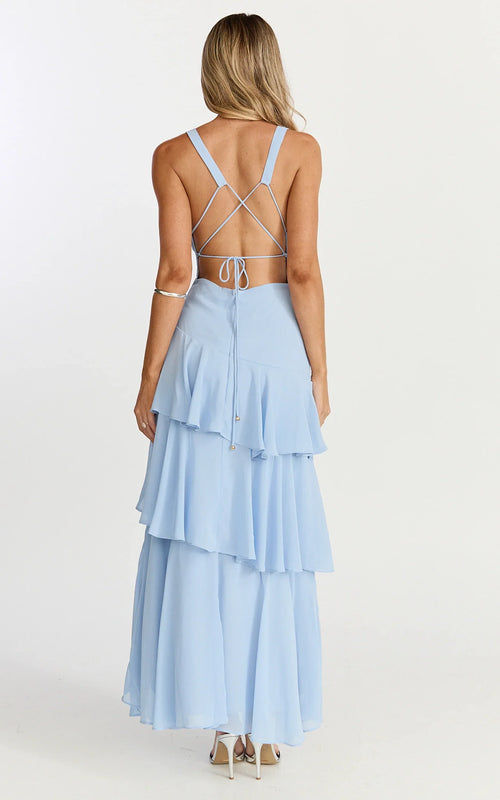 Beryl Midi Dress - Deep V Neck Sleeveless Layered Dress in Blue