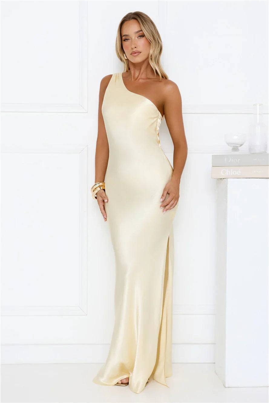 Modern Day Love One Shoulder Satin Maxi Dress Yellow