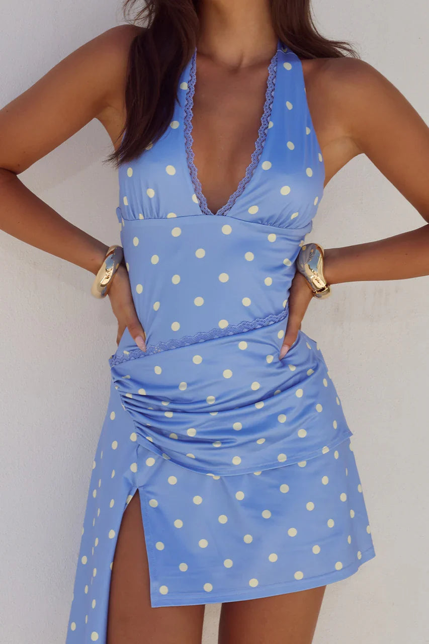 CELYSE HALTER MINI DRESS - PERIWINKLE/LEMON POLKA