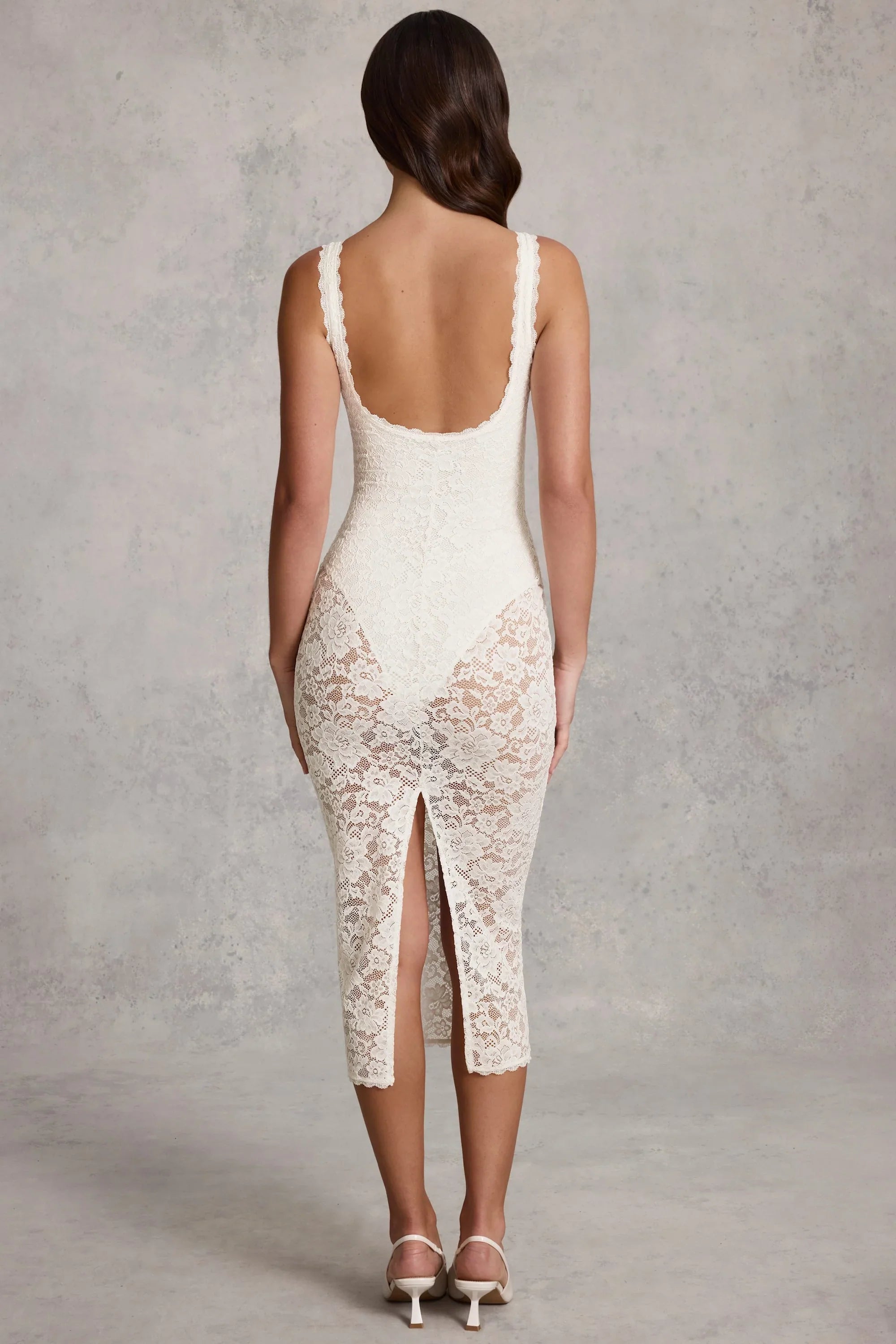 Sheer Lace Scalloped Plunge Bodysuit Midaxi Dress in White