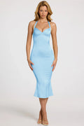 Satin Sweetheart Bustier Fishtail Midaxi Dress in Powder Blue
