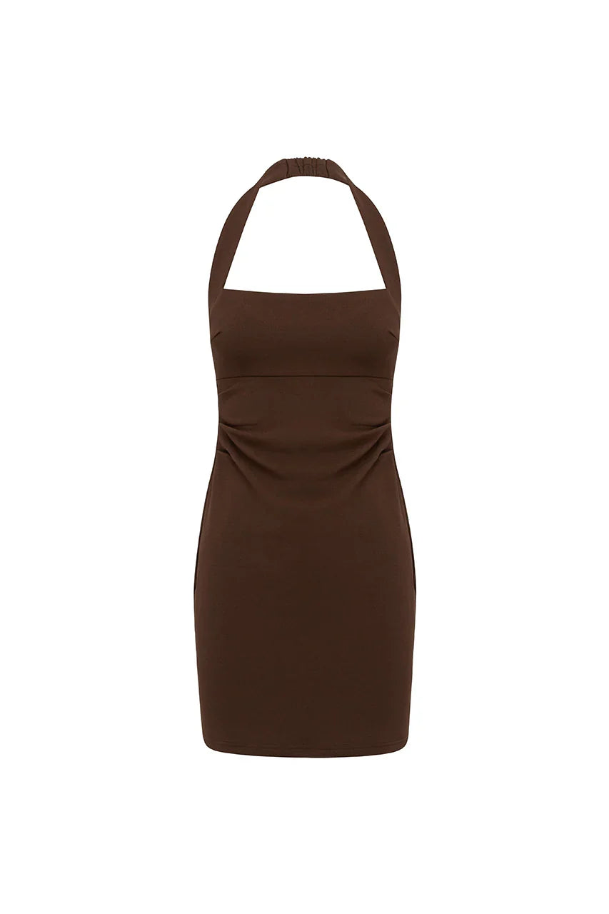 FRANCA HALTER MINI DRESS - BITTER CHOCOLATE