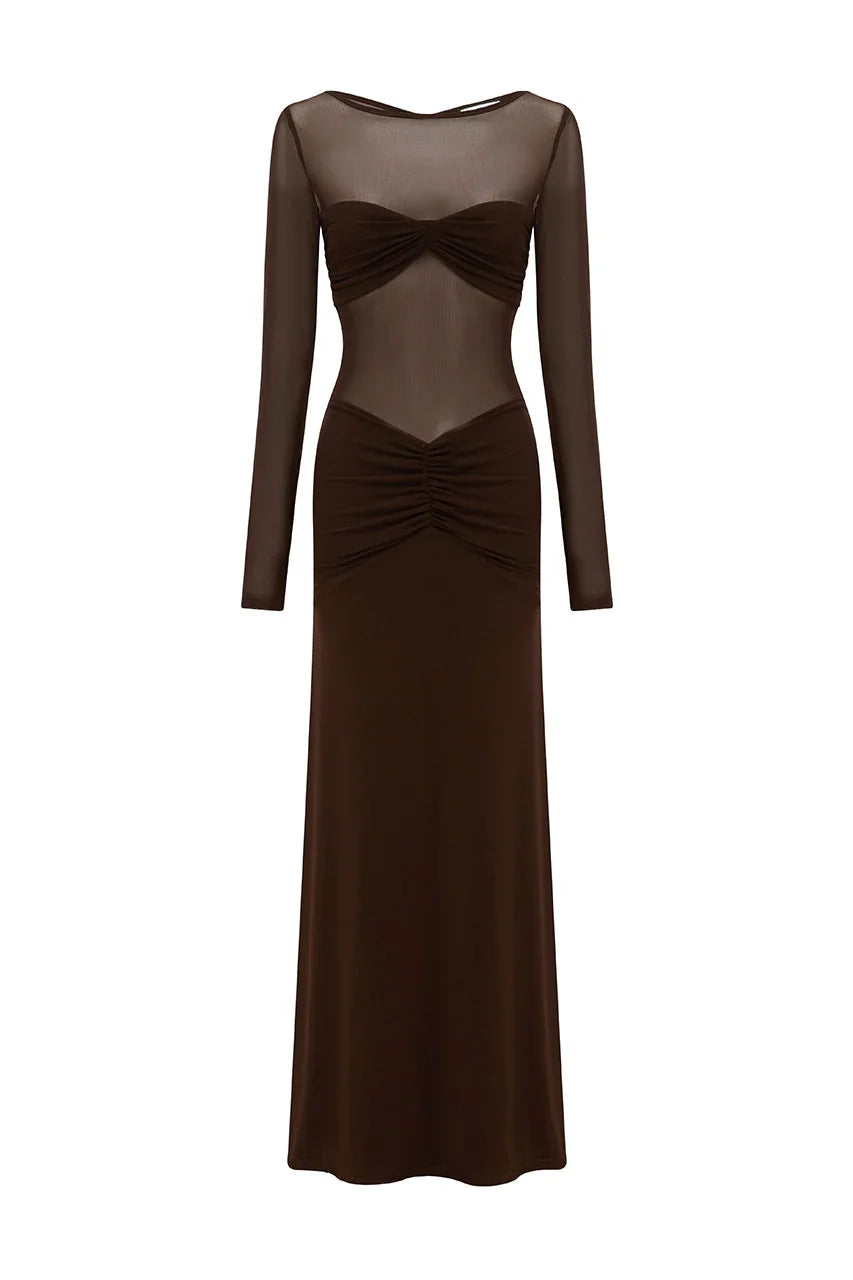 ROMY SLEEVED RUCHED MAXI DRESS - BITTER CHOCOLATE