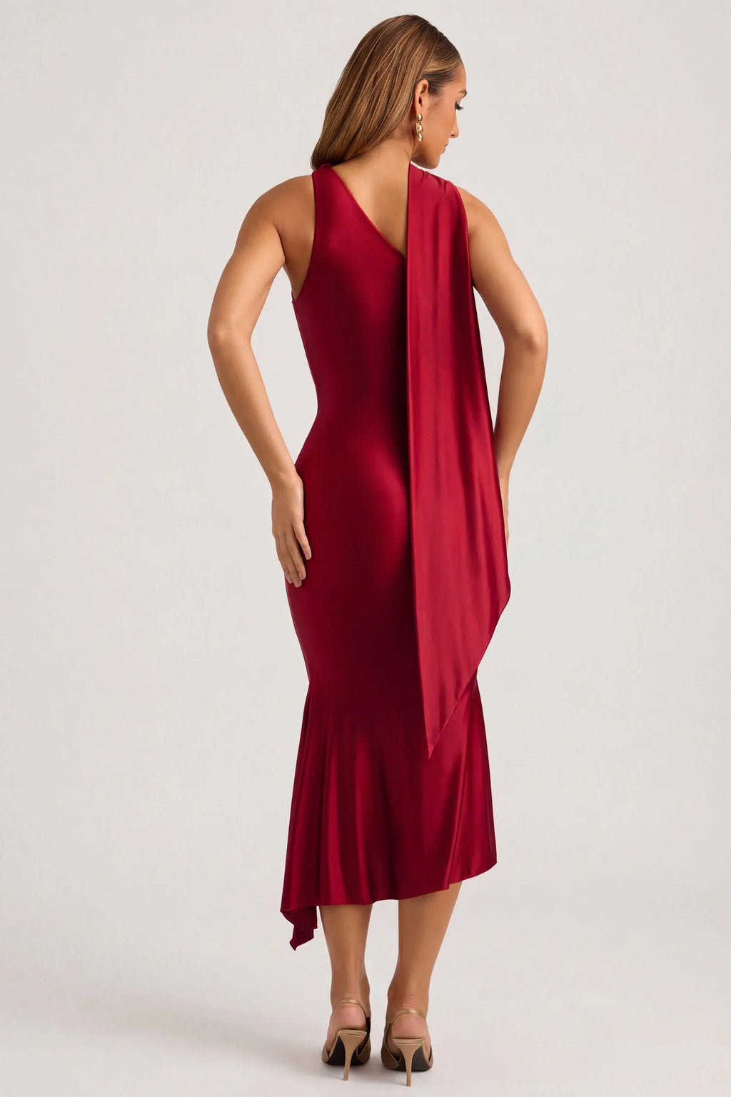 Asymmetric Scarf-Detail Midaxi Dress in True Red