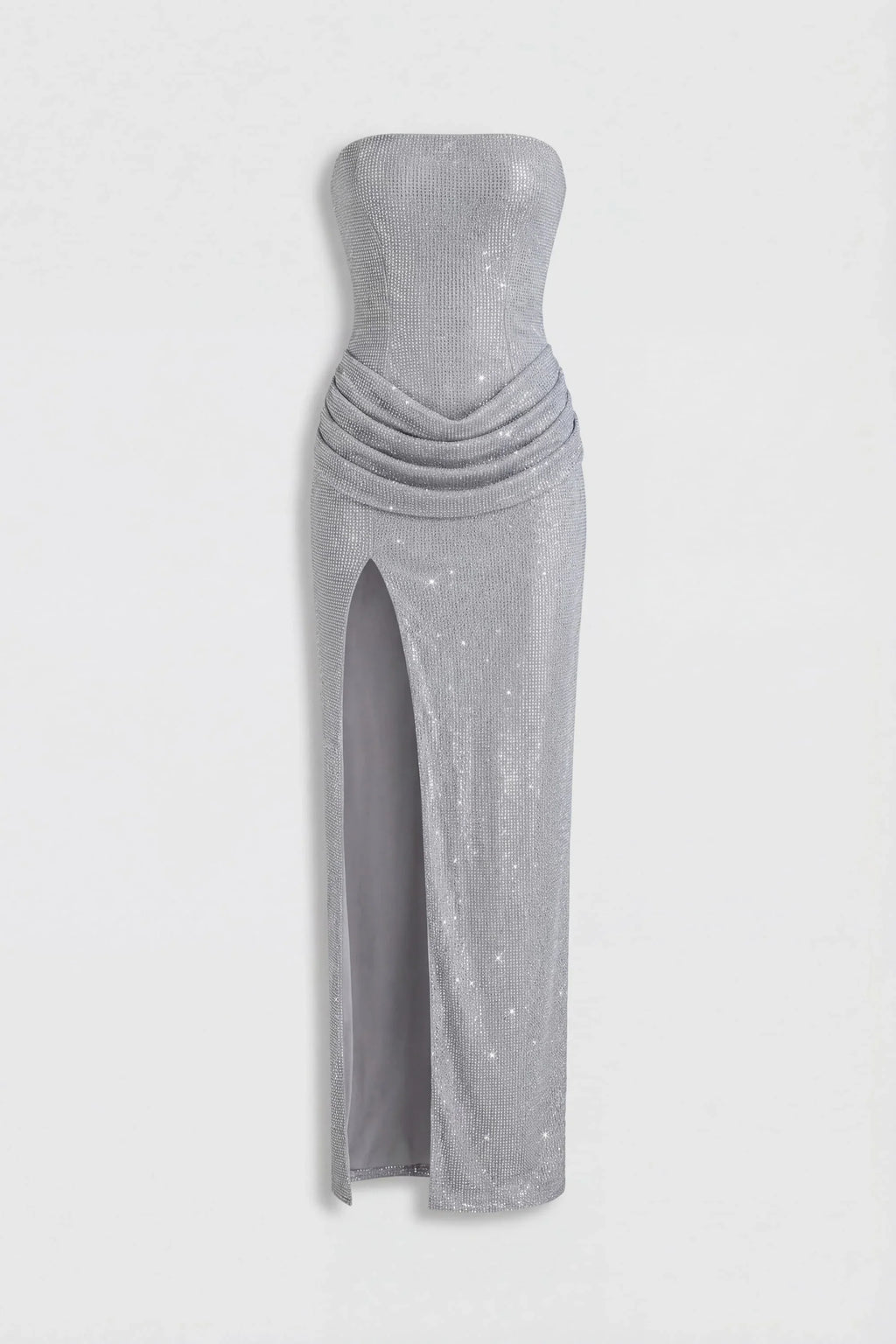 Embellished Bandeau Cowl-Waist Maxi Dress in Frost