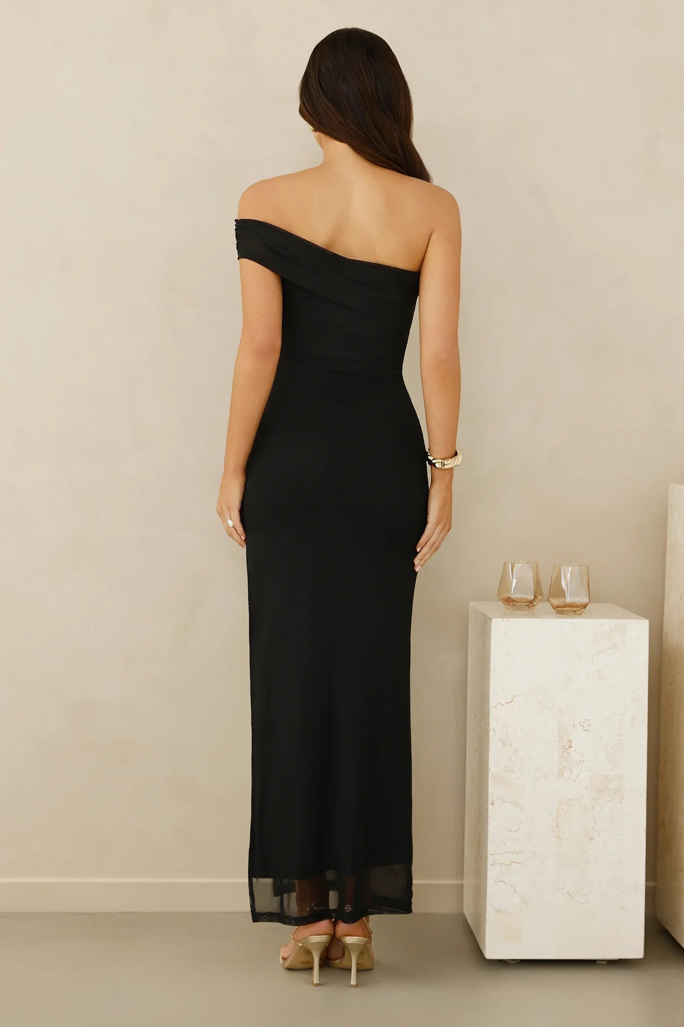 Berry Fresh Mesh One Shoulder Maxi Dress Black