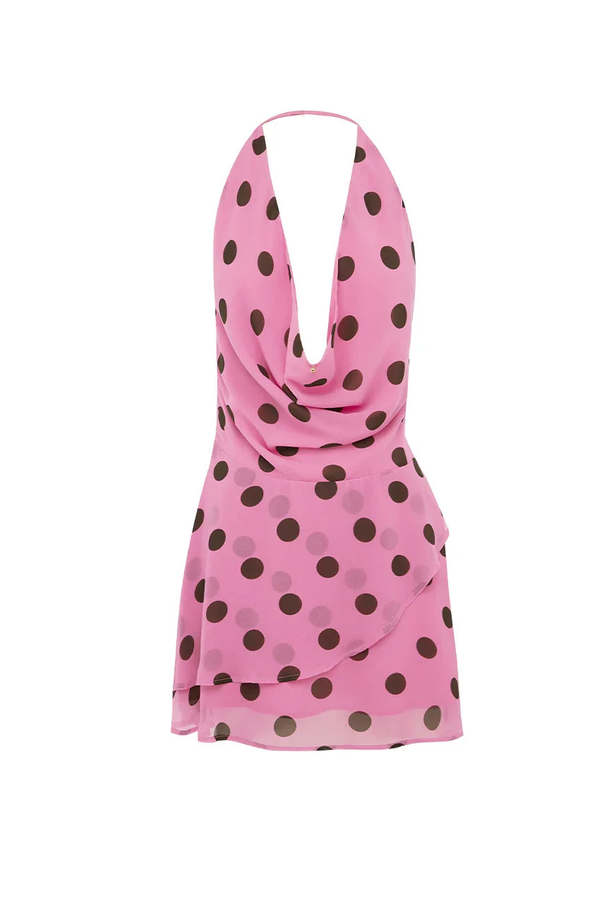 IMALI HALTER COWL MINI DRESS - MUSK/CHOC POLKA