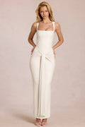 Square-Neck Tie-Gather Maxi Dress in Pearl
