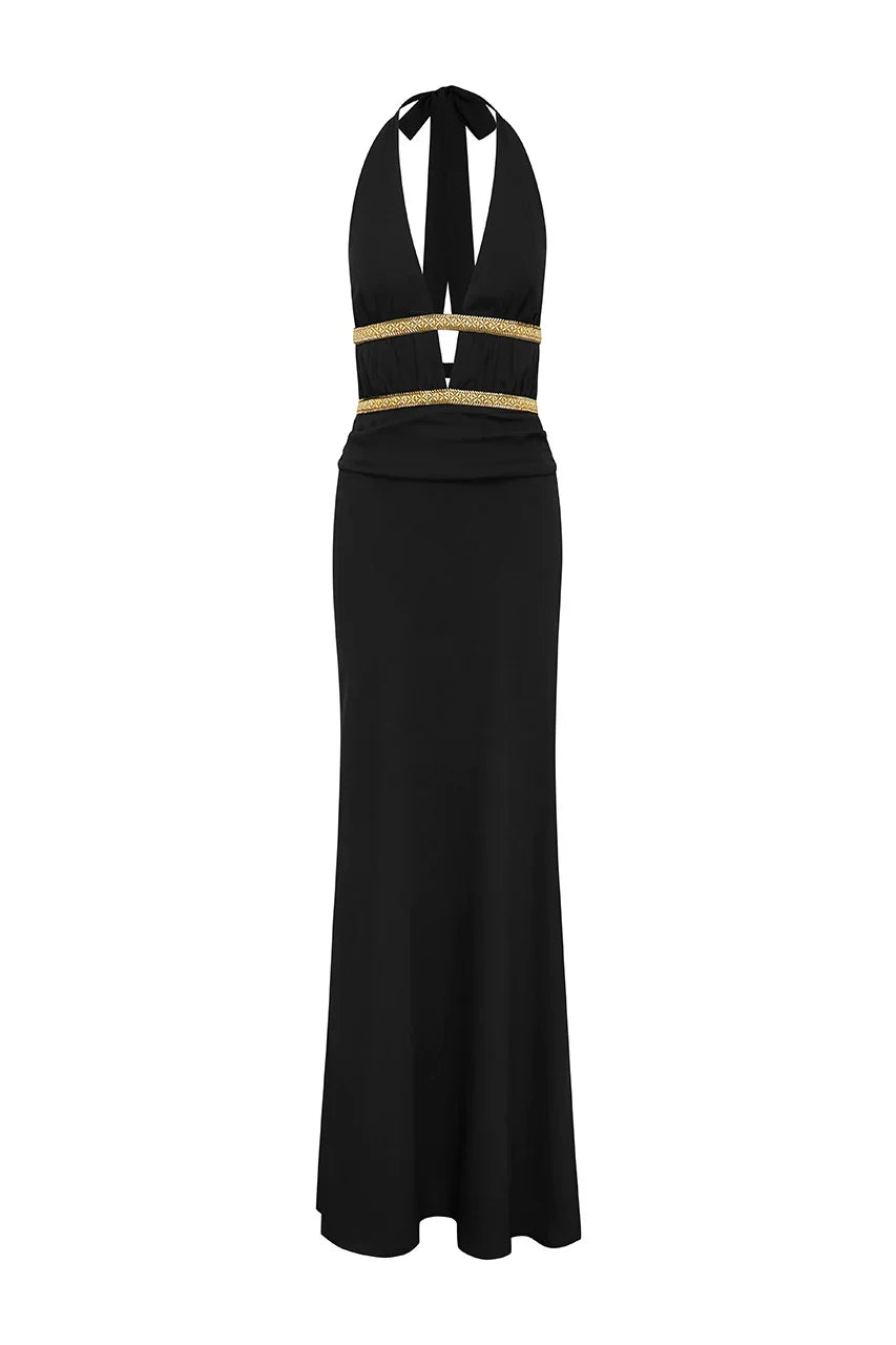 XYLIA HALTER LOW PLUNGE MAXI DRESS - BLACK