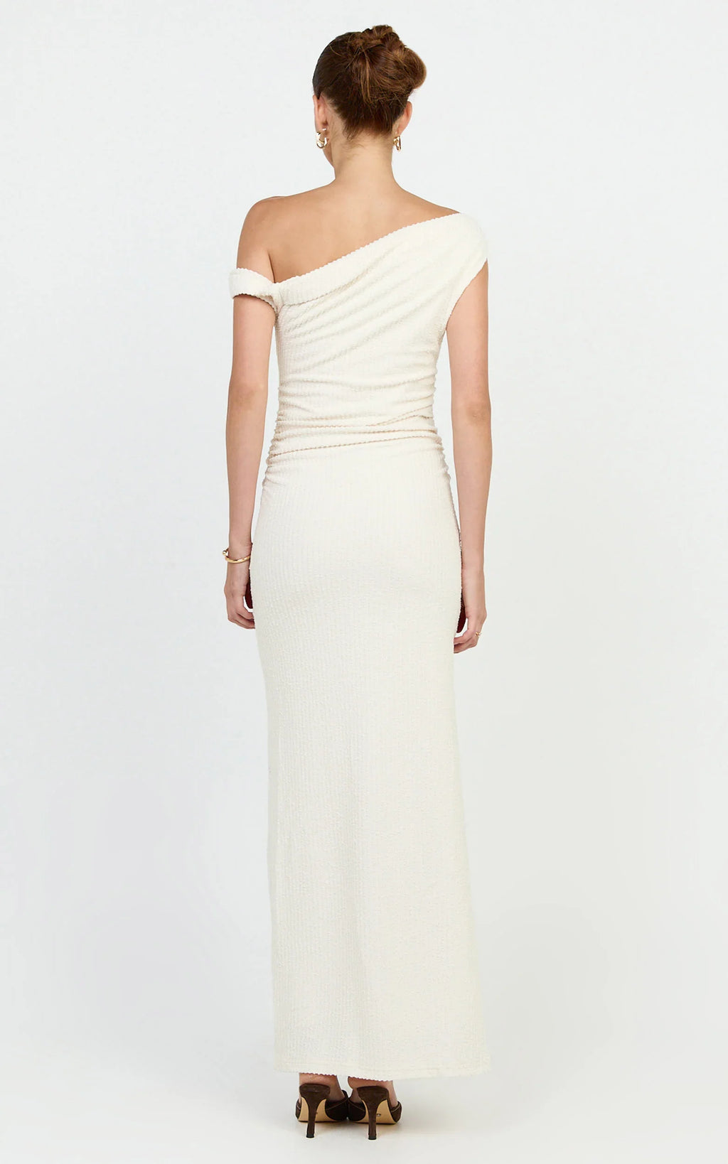 Veda Maxi Dress - Asymmetric One Shoulder Ruched Maxi Dress in Cream