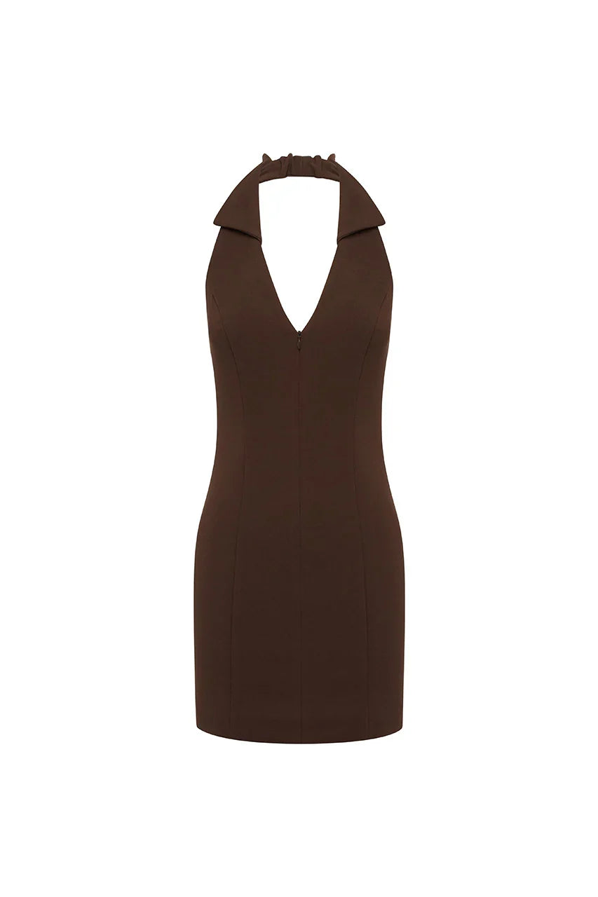 ARCHER COLLAR ZIP FRONT MINI DRESS - BITTER CHOCOLATE