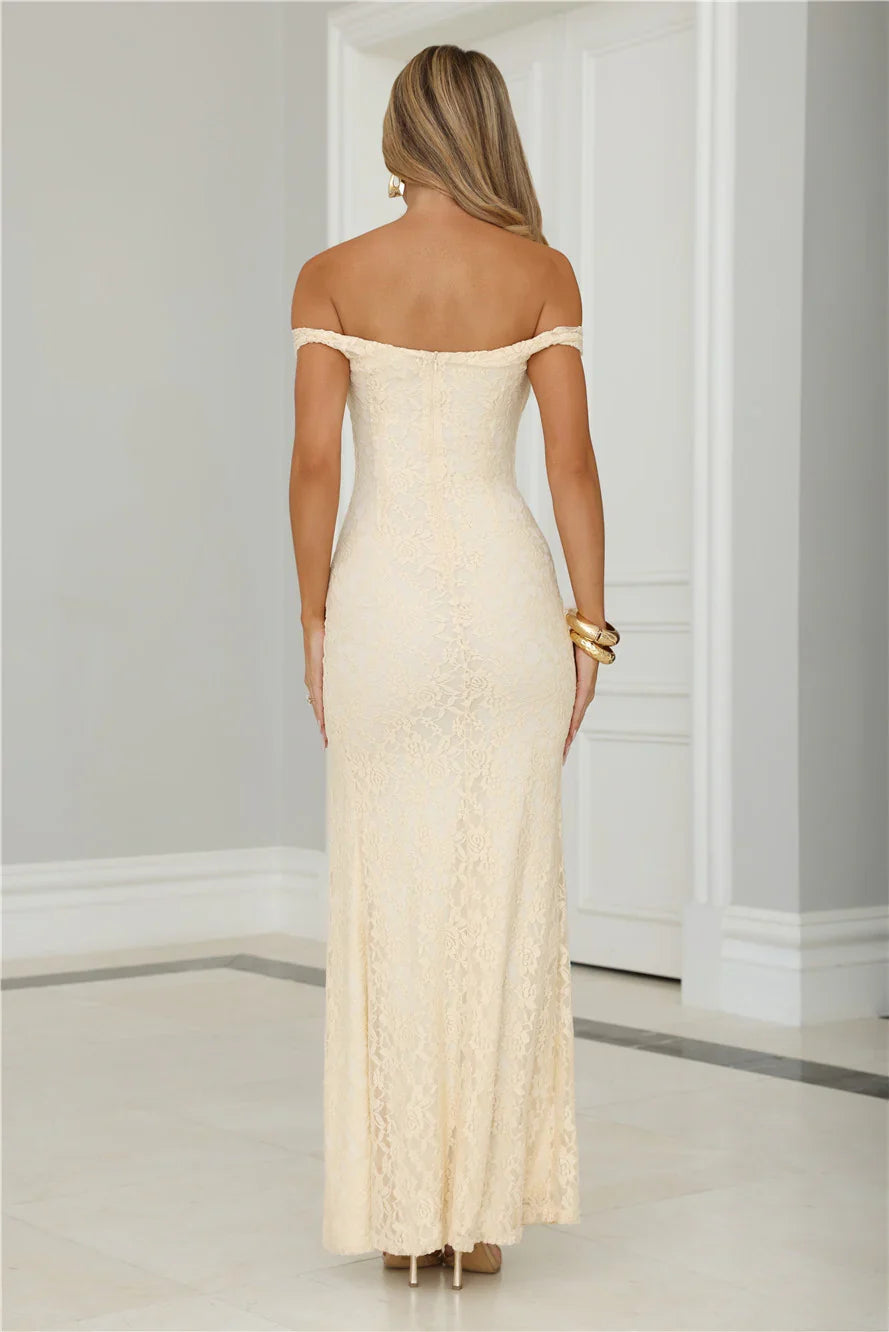 Cherished Off Shoulder Lace Maxi Dress Lemon