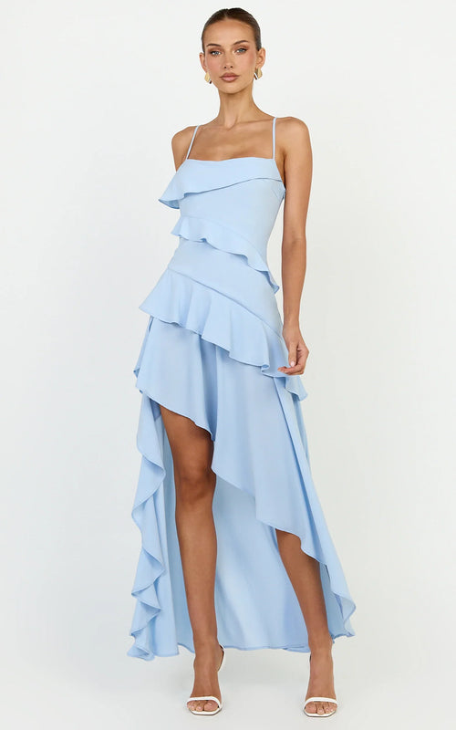 Arabella Maxi Dress - Tiered Ruffle Fit And Flare Dress in Blue
