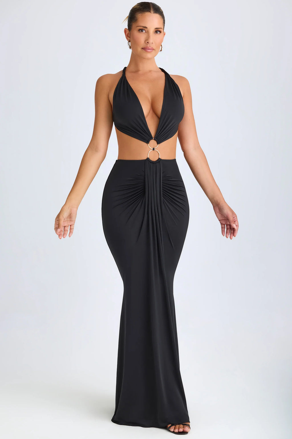 Hardware Detail Cut-Out Halterneck Maxi Dress in Black
