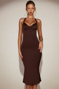 Satin Sweetheart Bustier Fishtail Midaxi Dress in Chocolate Brown