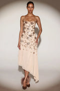 Embellished Soft-Scoop Asymmetric Midaxi Dress in Gold