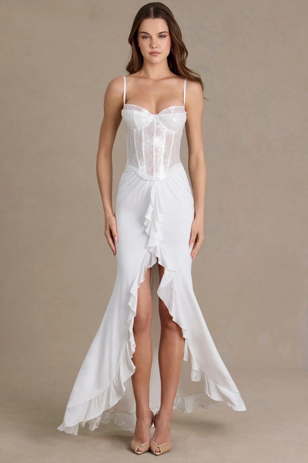Embellished Lace Corset Gown in Snow