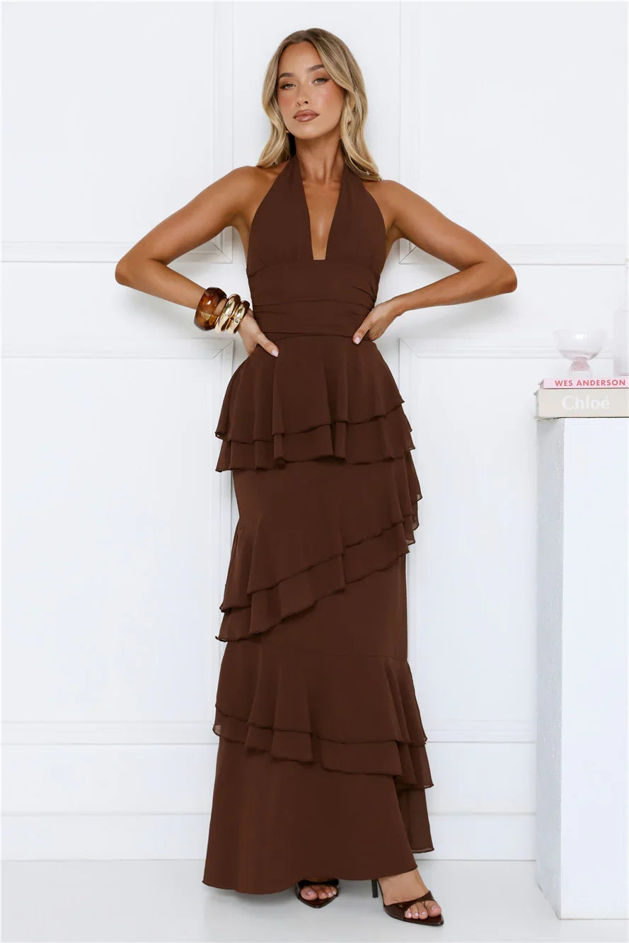 Power Glow Halter Maxi Dress Brown